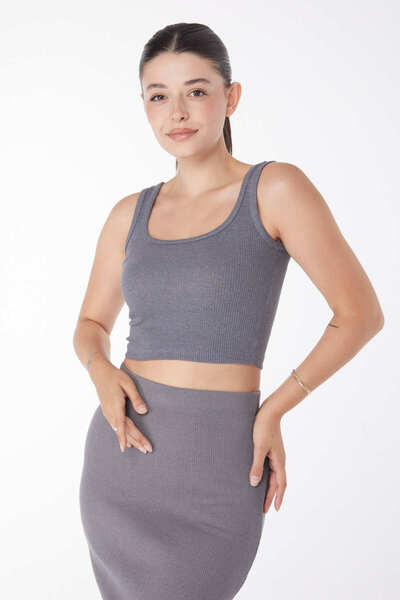 TOFİSA Square Neck Short Sleeve Crop Smoked - 24439