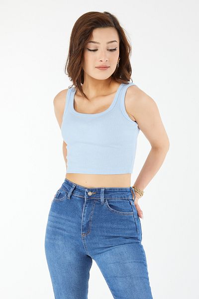 TOFİSA Square Neck Short Sleeve Crop Baby Blue - 24439