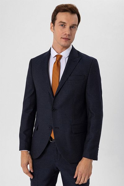 SÜVARİ Navy Blue Slim Fit Dobby Pointed Collar 6 Drop Classic Suit
