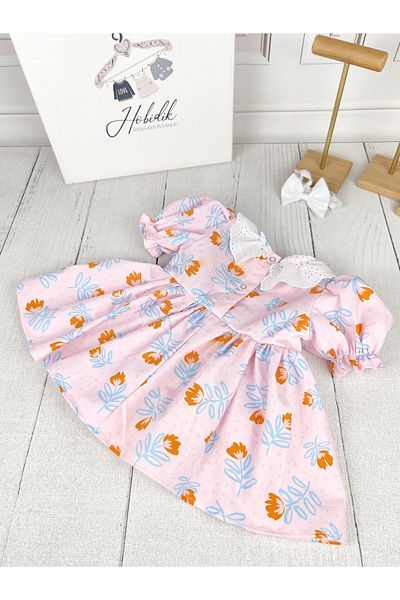 Hobidik Țesătură poplin din bumbac - rochie cu decolteu festonat cu model de flori roz