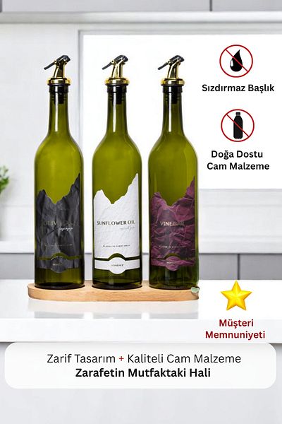 homence 3-Label Olive Oil and Sunflower Oil - 750ml Glass Oil Pot Vinegar Bottle with Wooden Stand