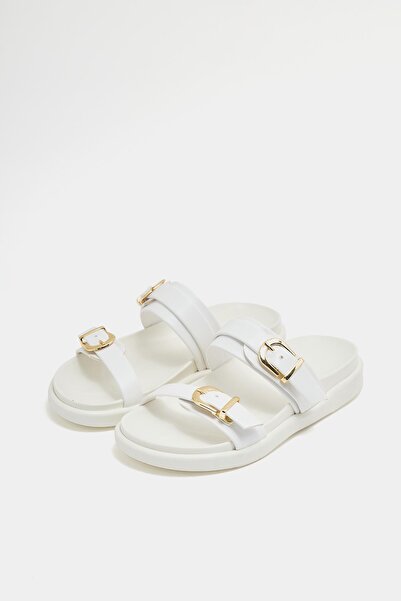 Madamra White Women's Double Buckle Casual Slippers – Comfortable Trendy Design