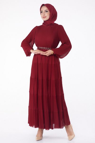 TOFİSA Pleated Evening Dress Burgundy - 26198