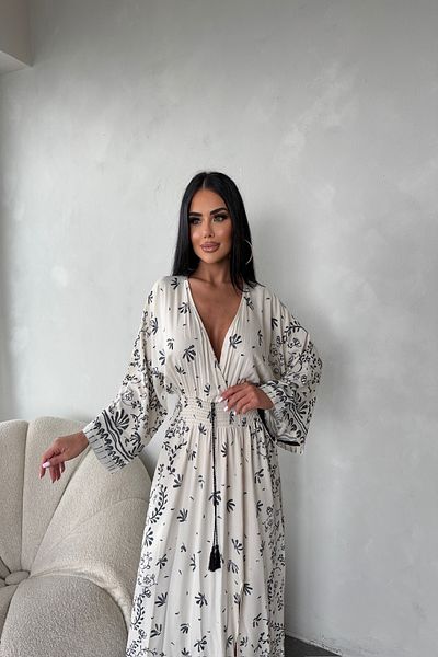 LİLA İSTANBUL Double Breasted Collar Gipeli Viscose Fabric Floral Patterned Bat Sleeve Summer Dress