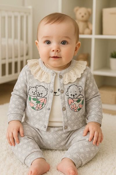 Babydonat Embroidered Heart Patterned 3-Piece Baby Girl Set with Cardigan