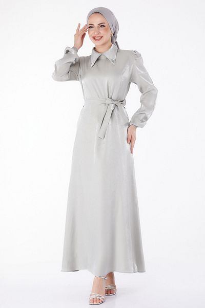 TOFİSA Green Belted Plain Shirt Collar Women's Dress - 25406