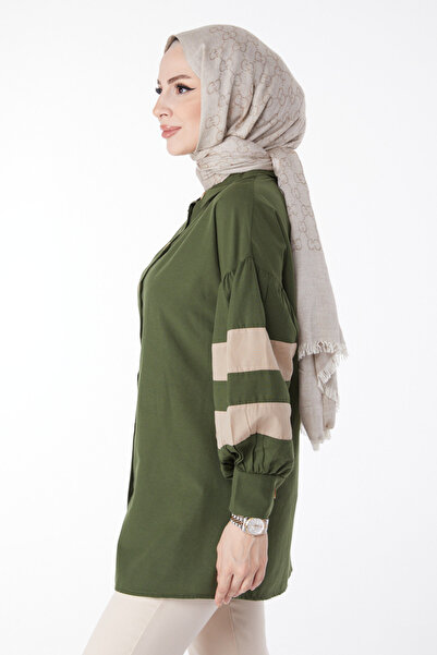 TOFİSA Plain Shirt Collar Women's Khaki Balloon Sleeve Garnished Tunic - 13158