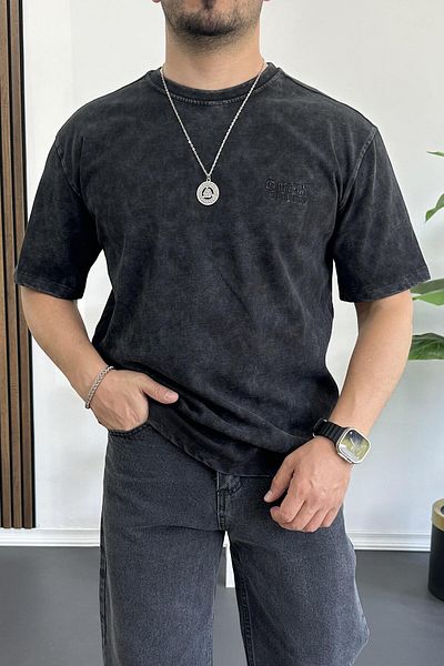 Edwox Tricou pentru bărbați, supradimensionat, cu croială largă, din țesătură spălată, cu logo broderie, negru Edw366