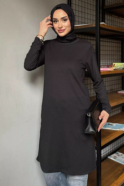julude Black Women's Crew Neck Side Slit Detailed Hijab Tunic