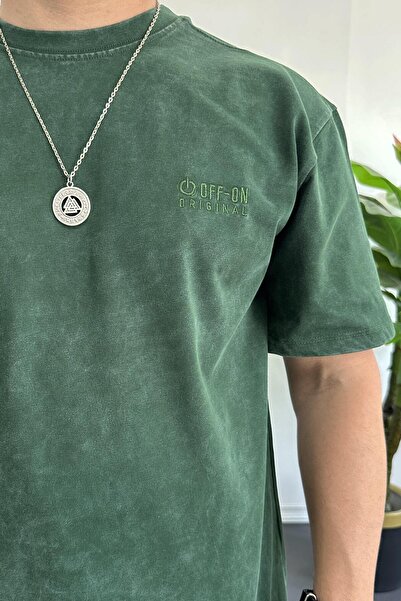 Edwox Ανδρικό μπλουζάκι με λογότυπο με κέντημα από υφασμάτινο πλυμένο μεγάλου μεγέθους πράσινο Edw366