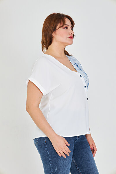 UNIQUE LADY Women S V-Neck Asymmetrical Print Blouse with Ornamental Button Detail - for Casual and Stylish Combinations