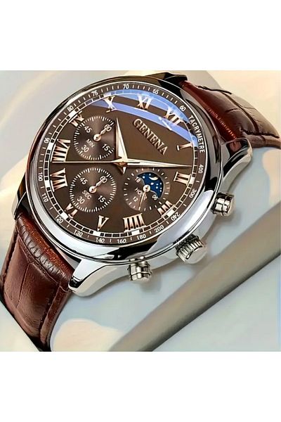 Feron accessories .Quartz Watch Roman Numerals, Brown Leather Strap, Tm02172