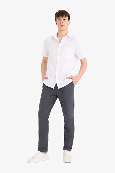 DeFacto 100% Cotton Linen Look Trousers Elastic Waist Slim Fit Slim Fit Pocket Straight Leg D2671Ax25Sm