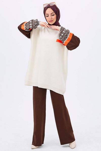 TOFİSA Γυναικεία λαιμόκοψη με μανίκια oversize Color Block τουνίκ και φαρδύ παντελόνι Πλεκτό κάτω μέρος Σετ Tas - 2
