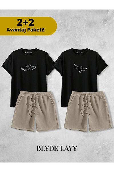 BLYDE LAYY Angel-Demon Printed Unisex 2-Piece Lover Couple Combination (2 Shorts - 2 T-Shirt Set Advantage Package)