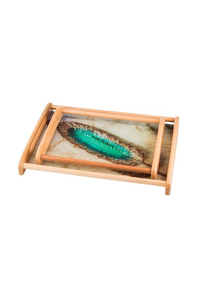 Dania A set of 2 wooden and glass plates and trays with elegant artistic drawings and colors. The medium size is 33*24 cm and the large size is 42*30 cm.