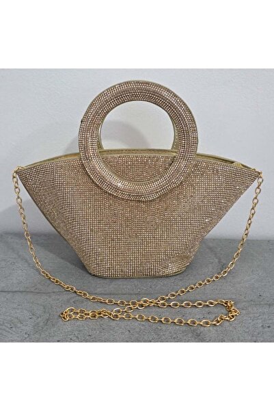 FashionForYou Geanta de seara Trapez, cu lant detasabil si cristale stralucit...