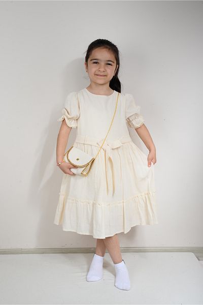 KİDSPİTİRCİK Ecru Linen Dress with Bag for Girls