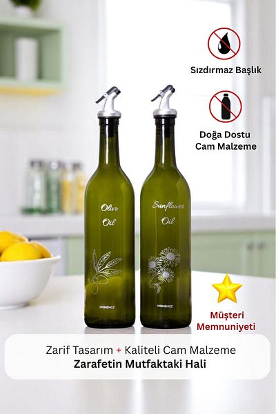 homence 750ml Drip-Free Oil Bowl - Floral Printed Glass Olive Oil and Sunflower Oil Set of 2