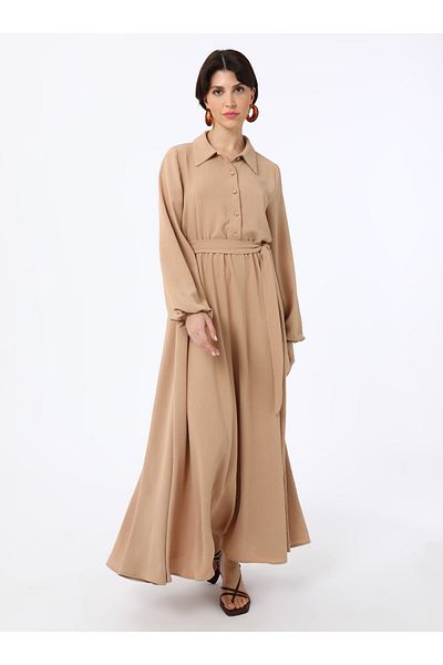 Refka Φόρεμα Hijab με Ζώνη με Λεπτομέρεια Κουμπιού - Μπεζ - Refka