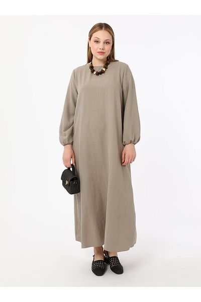 ALİA Plus Size Basic Aerobin Dress with Elastic Sleeves - Mink - Alia