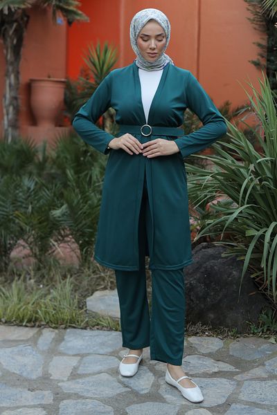 TOFİSA Green Cardigan and Trousers Set - Solid Jacket Collar, Women's, 13197