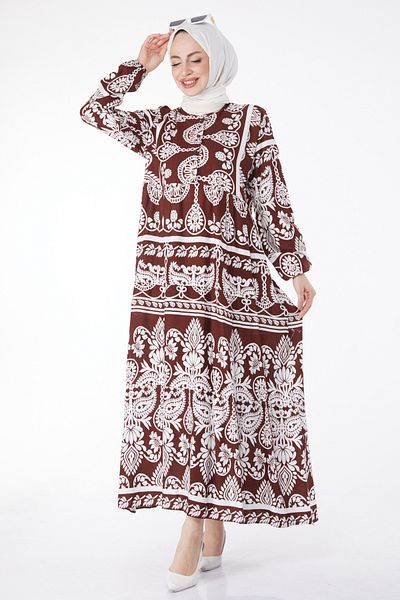 TOFİSA Patterned Colorful Dress Brown - 24988