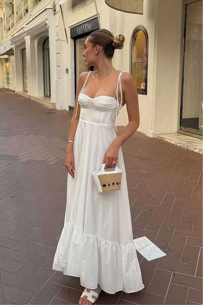 thesunfyre ROCHIE lungă din poplin cu volane, cu bretele albe, pentru femei
