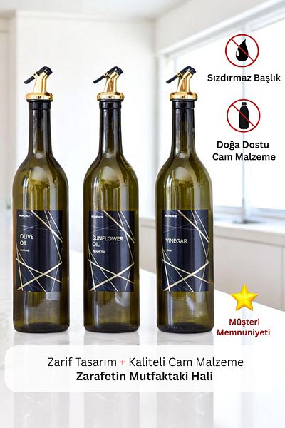 homence 750ml Glass Olive Oil - Gold Label, Vinegar and Vinegar Bottle Set of 3