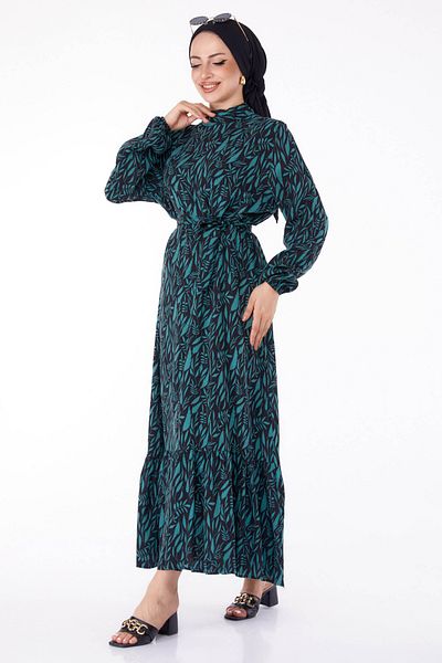 TOFİSA Green Patterned Straight Chief Collar Women's Dress - 25711