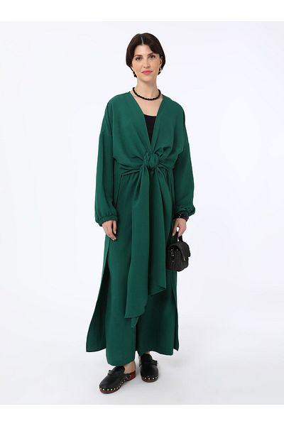 Refka Soft Textured Lacing Detailed Cap Trousers Double Set - Emerald Green - Refka