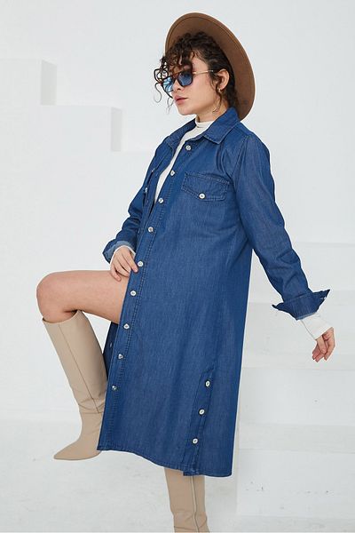 TOFİSA Women's Pocketed Side Buttoned Denim Trench Coat Dark Blue - 26658