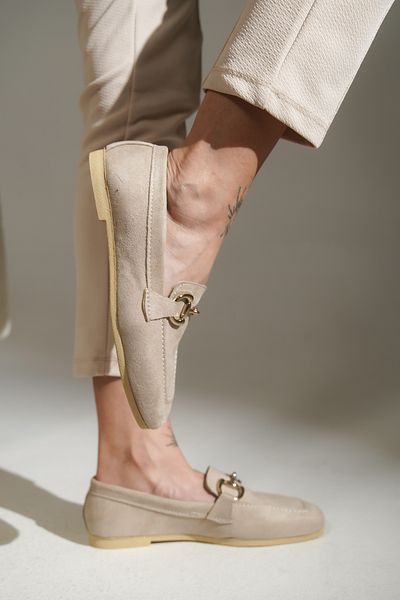 lovitto Buckle Detail Women's Suede Beige Loafer
