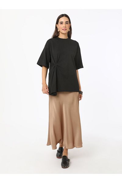Benin Women's Cotton T-Shirt with Shirring Detail - Black - Benin
