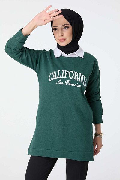 TOFİSA Green Women's Sweat - Plain Crew Neck - 23467