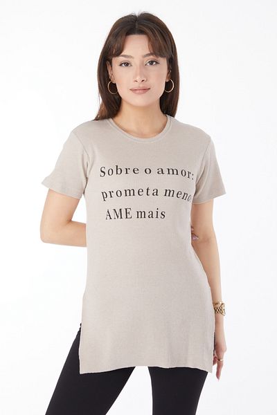 TOFİSA Printed Slit T-Shirt Beige - 24792