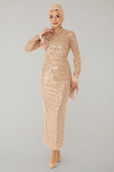 TOFİSA Sequined Evening Dress Beige - 26562