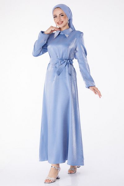TOFİSA Blue Belted Plain Shirt Collar Women's Dress - 25406