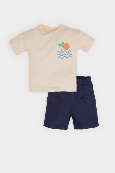 DeFacto Printed Short Sleeve T-Shirt Elastic Waist Shorts Beige Baby Boy Bottom-Top Set E9032A5/Bg360