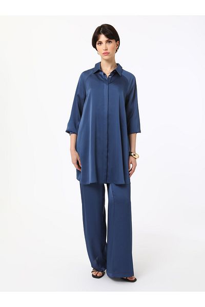Refka Satin Tunic Trousers Double Set - Navy Blue - Refka