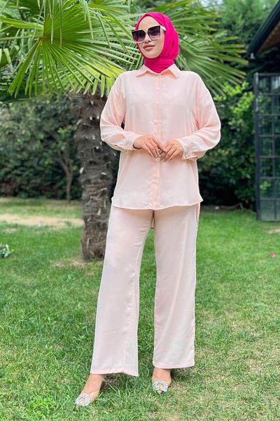 TOFİSA Pink Tunic and Shirt Collar Women's Trousers - 11339