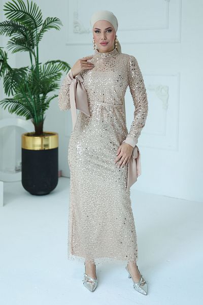 TOFİSA Sequined Evening Dress Beige - 26562