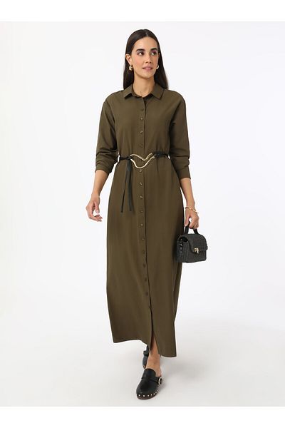 Refka Φόρεμα Hijab με λεπτομέρεια με κουμπιά Poplin - Khaki - Refka