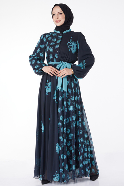 TOFİSA Βραδινό φόρεμα με ζώνη Navy Blue Mint - 25204
