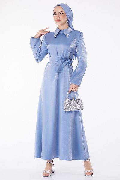 TOFİSA Blue Belted Plain Shirt Collar Women's Dress - 25406