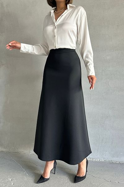 AVVER Γυναικεία Μαύρη Scuba Puff Υφασμάτινη Μανίκια Hijab και Casual Φούστα