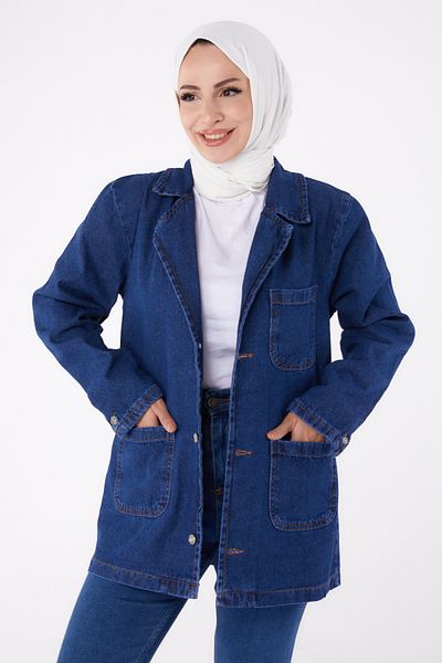 TOFİSA Double Breasted Denim Jacket Dark Blue - 24049
