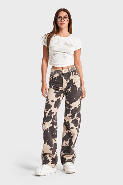 its basic Women's Brown 6S5-57 Special Washed Leopard Patterned 100% Cotton Loose Fit Mid Waist Denim Jean