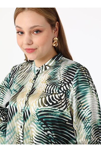 ALİA Large Size Leaf Pattern Satin Tunic - Green - Alia