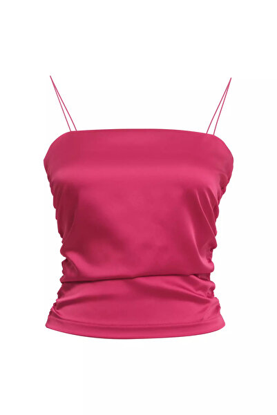 Keikei Fuşya saten kolsuz crop top